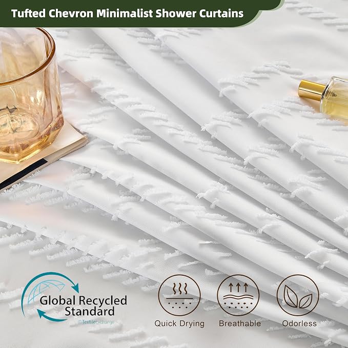 Siiluminisoy White Shower Curtain Fabric Boho Shower Curtain Cloth Textured Tufted Chevron Elegant Shower Curtains Waterproof for Bathroom 72" x 72"