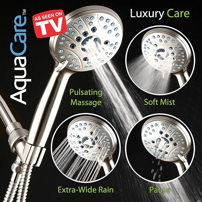 AquaCare 8-mode High Pressure Handheld Shower Head with 2-mode Power Wash | Stay Clean Nozzles, Dual Power Wash for Tub, Tile & Pets, Long 6 ft. Stainless Steel Hose, Wall & Overhead Brackets / Nickel
