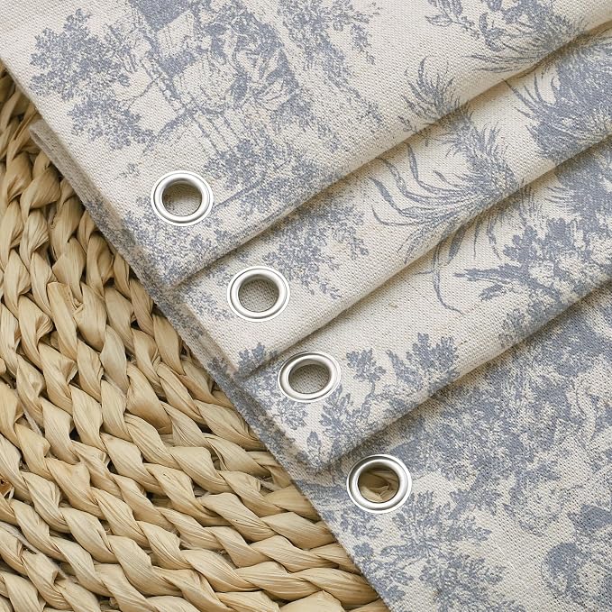 MUGINYU Ruffle Linen Shower Curtain with Blue and White Toile de Jouy for Vintage French Country Bathroom Decor Shabby Chic Chateau Toile Pattern 72x72 Inches