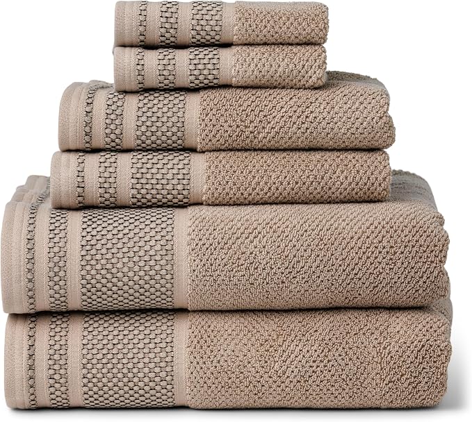 Texere 100% Organic Cotton Rice Weave Jacquard 700 GSM Luxury Bath Towel Sets - 2 Large Bath Towels, 2 Hand Towels, 2 Washcloths (Rice Weave, Oxford Tan, 6 Piece)