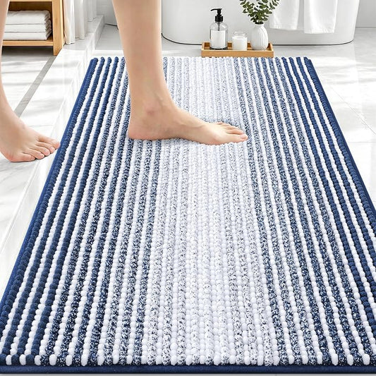 OLANLY Bathroom Rugs 30x20, Soft Chenille Striped Bath Rugs, Navy | Extra Absorbent, Rubber Backing, Machine Wash Dry, Bath Mats for Bathroom Floor, Tub and Shower, Home Decor Accessories
