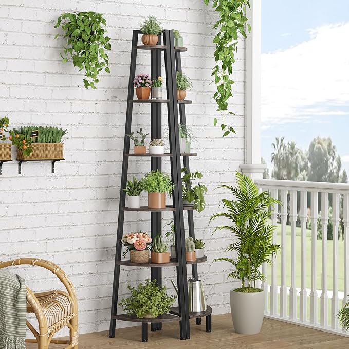 Hoctieon Corner Shelf, 6-Tier Corner Bookshelf, Rustic Ladder Shelf, Industrial Display Stand for Living Room, Kitchen, Home Office, Balcony, Small Space, Metal Frame, Grey