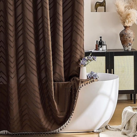 Siiluminisoy Brown Shower Curtain Fabric Shower Curtain for Bathroom 72 x 72 Tufted Chevron Textured Striped Modern Farmhouse Minimalist for Bathroom