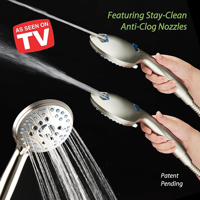 AquaCare 8-mode High Pressure Handheld Shower Head with 2-mode Power Wash | Stay Clean Nozzles, Dual Power Wash for Tub, Tile & Pets, Long 6 ft. Stainless Steel Hose, Wall & Overhead Brackets / Nickel