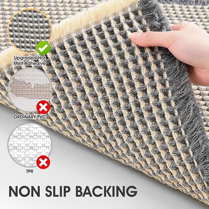Waffle Bath Mat Set 3 Piece Grey & Beige,Woven Modern Bath Rug Mats, Absorbent Non Slip Bath Floor Mat, Soft Washable Boho Bath Rugs with Tassels for Bathroom, Bedroom, Kitchen, Tub