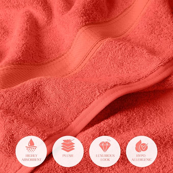 SUPERIOR Egyptian Cotton Ultra Plush & Absorbent, 12 Piece Set, Coral | Heavyweight 12 Pc Egyptian Cotton Towel Set Includes 4 Bath Towels 4 Hand Towels 4 Washcloths Decorative Rope Border