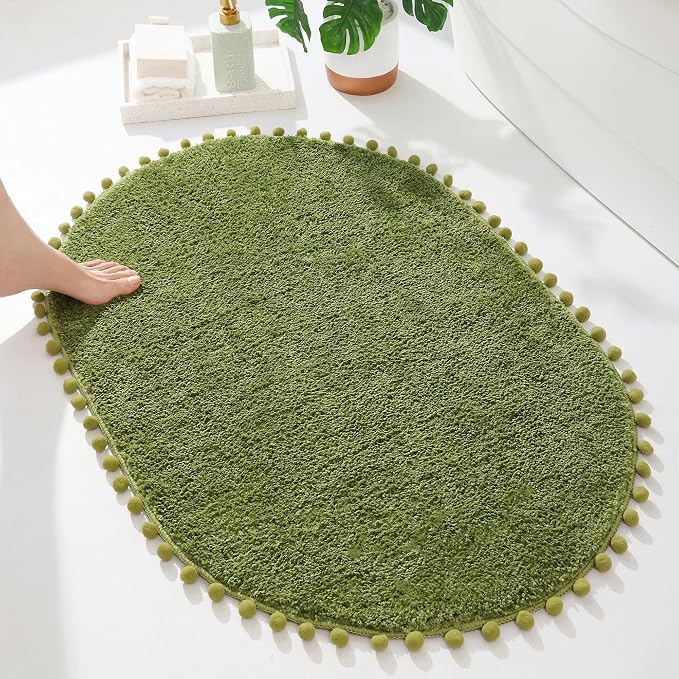 YIRDDEO Oval Rug for Bathroom, Boho Bath Mat with Pom, Olive Green, 36"x24" | Soft Plush, Absorbent, Quick Dry, Machine Washable, Non Slip Bath Mat for Bathroom Shower Floor Home Decor