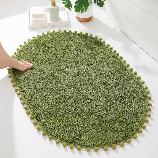 YIRDDEO Oval Rug for Bathroom, Boho Bath Mat with Pom, Olive Green, 36"x24" | Soft Plush, Absorbent, Quick Dry, Machine Washable, Non Slip Bath Mat for Bathroom Shower Floor Home Decor
