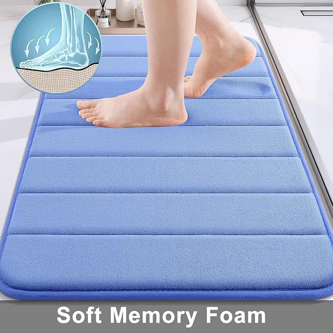Buganda Memory Foam Bath Mat 24 x 16, Ultra Soft Absorbent Bathroom Rugs | Cornflower Blue, Machine Washable Quick Dry Bath Mats for Bathroom Floor, Shower and Tub, Home Decor Accessories
