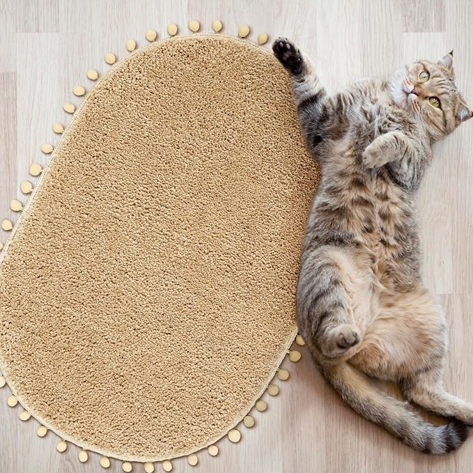 YIRDDEO Oval Rug for Bathroom, Cute Boho Bath Mat with Pom, Khaki | Soft Plush, Absorbent, Quick Dry, Machine Washable, Non Slip Bath Mat for Bathroom Shower Floor Home Decor