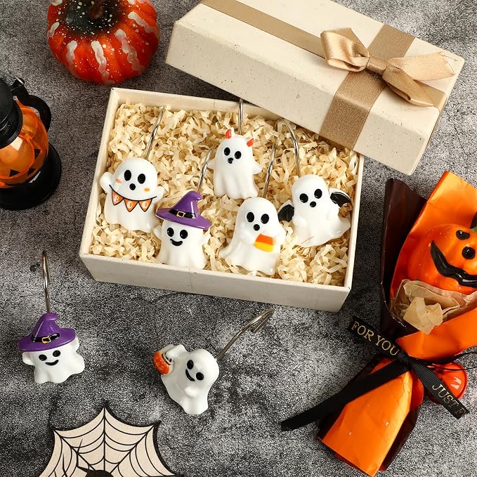 Halloween Shower Curtain Hooks 12 Pcs Ghost Pumpkin Decor Set | Resin Metal Standard Size, Smooth Gliding Rustproof, Bat Skull Spider Cat Designs, Bathroom Festive Home Accents