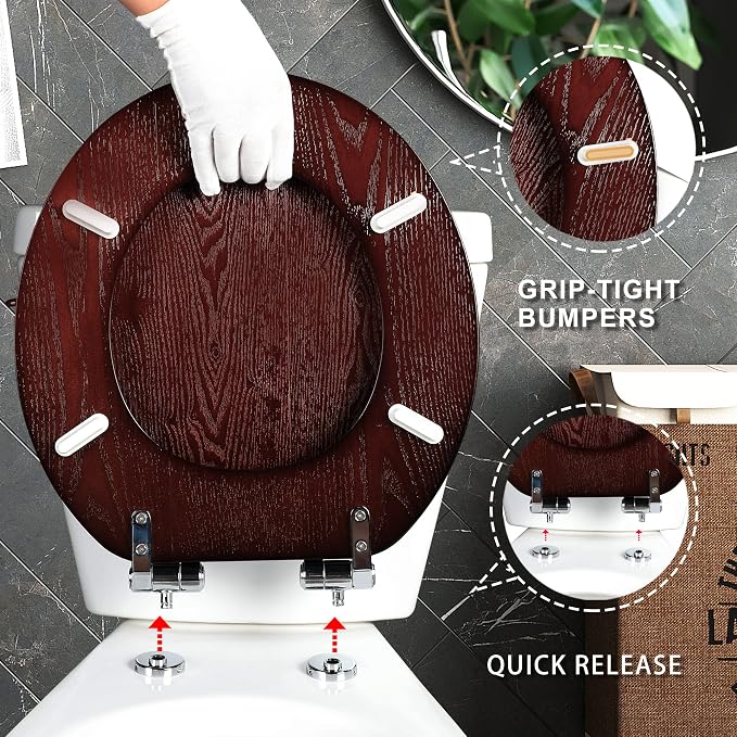 Angel Shield Toilet Seat Round Wood Slow Close(Dark Walnut) | Quick Release Metal Hinges, Adjustable Fit for Standard Round Toilets, Easy to Install&Clean