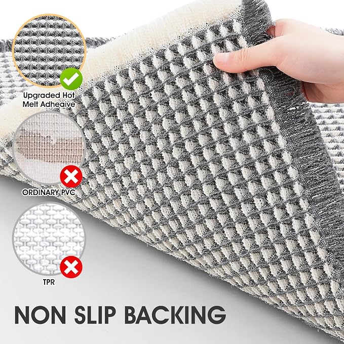 Waffle Bath Mat Darkgrey & Cream 36"x24", Boho Woven Modern Bath Mat Rugs, Absorbent Non Slip Bathroom Rugs, Soft Washable Bath Rugs with Tassels for Bedroom, Kitchen, Shower, Tub