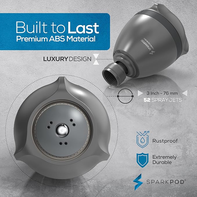 SparkPod High Pressure Shower Head, 3 Inch Fixed Showerhead, Charcoal Grey | Rain, Pulsating & Combo Modes, Helps Boosts Low Water Pressure, Anti-Clog Nozzles, Easy Install
