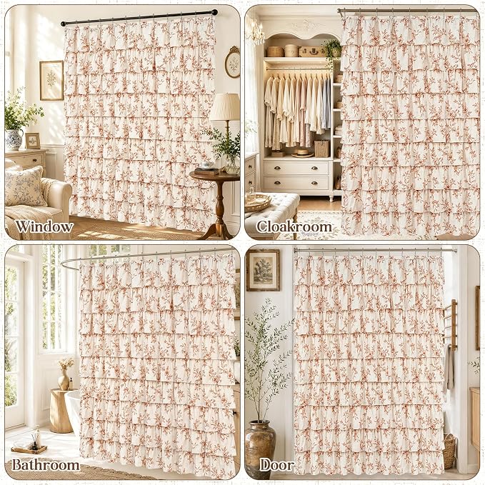 Yinhua Fall Ruffle Shower Curtains for Bathroom with Floral, 72" Wx72 L | Orange Floral Print, Ruflle Design, 12 Metal Hooks, Vintage Rustic Washable Waterproof Shower Curtain for Bathroom Bathtub