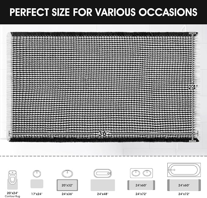 Upgraded Waffle Bath Mat, 36"x24" Black & White, Super Absorbent Non-Slip Quick Dry Bathroom Rugs with Tassels, Machine Washable Ultra Soft Boho Bath Rugs for Floor, Toilet Mats Boho Farmhouse Decor