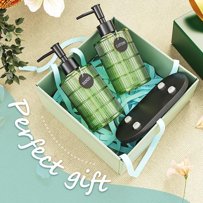 Green Glass Soap and Lotion Dispenser Set with Tray by Brighter Barns - Liquid Hand Soap Dispenser and Pump - Bamboo Bathroom Accessories & Modern Bathroom Decor (Green)