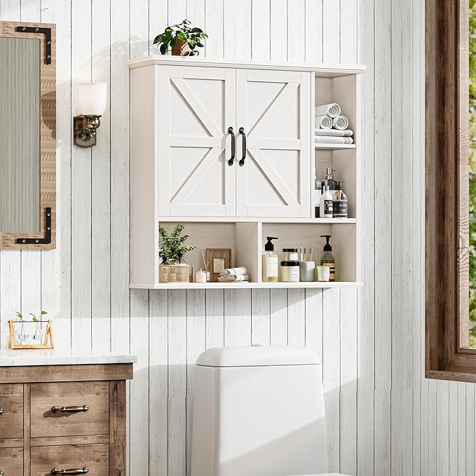 Bathroom Wall Cabinet, Farmhouse Medicine Cabinet with Doors, Rustic White | Over The Toilet Storage Cabinet with Double Barn Door and Adjustable Wood Shelf for Wall Mounted for Bathroom Laundry Kitchen