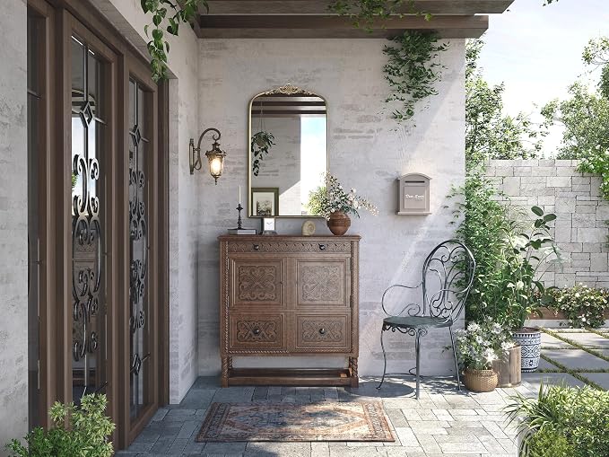 Antique Gold Arched Mirror, 24"x40" Bathroom Arched Wall Mirror | Vintage Gold Mirrors Over Sink, Ornate Arch Bronze Mirrors for Fireplace, Living Room, Entryway, Vanity, Hanging or Leaning