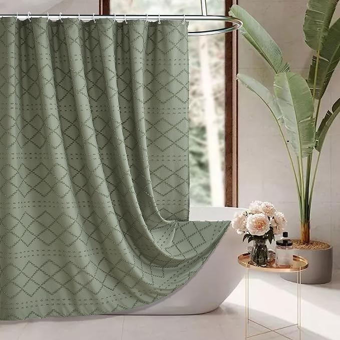 Siiluminisoy Extra Long Sage Green Boho Shower Curtain - Woven Fabric, 72 x 96 Inches, Tufted Chevron Textured Striped, Modern Farmhouse Minimalist for Bathroom