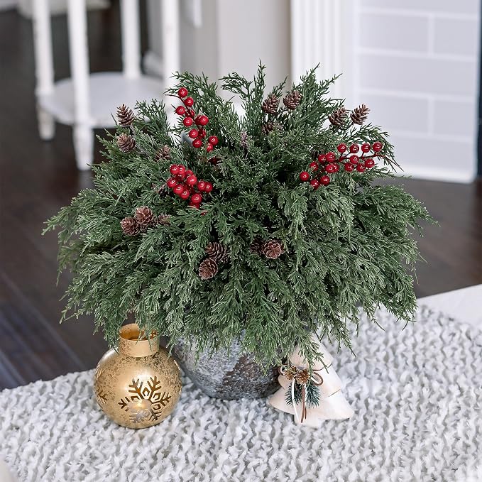 Faux Cedar Stems Artificial Norfolk Pine Branches for Christmas Decorations, 17 PCS Faux Pine Stems with Pinecones Red Berries Branches Realistic Faux Greenery for Vases DIY Garland Xmas Table Indoor