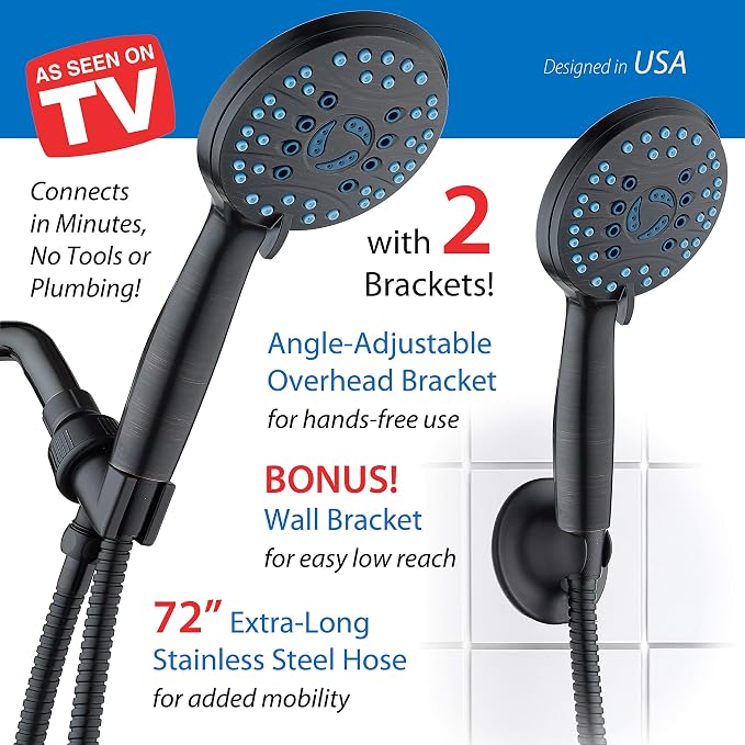 AquaCare 8-mode High Pressure Handheld Shower Head with 2-mode Power Wash | Stay Clean Nozzles, Dual Power Wash for Tub, Tile & Pets, Long 6 ft. Stainless Steel Hose, Wall & Overhead Brackets / Bronze