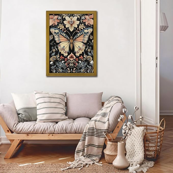 Hand Drawn Sandstone Nature Floral Wall Art, Framed Vintage 3D Textured Butterfly Wall Decor, Gothic Style Flower Insect Print Painting for Living Room Bedroom Home Decor 12x16 inch