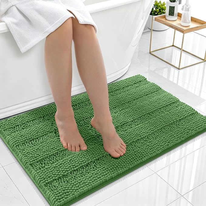 Smiry Thick Chenille Bathroom Rugs 36x24, Absorbent Bath Mat, Olive Green | Quick‑Dry & Machine Washable, Non‑Slip Bath Carpet, Soft Striped Bath Rugs for Tub & Shower, Modern Home Decor Accessories