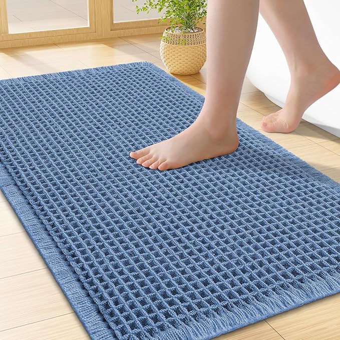 Smiry Waffle Bath Mat 24X16, Extra Soft Absorbent Bathroom Rugs, Blue | Non Slip Machine Washable Quick Dry Bath Rugs for Bathroom Floor, Tub, Shower, Home Decor Accessories