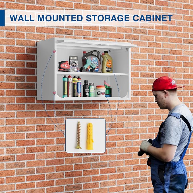 Fesbos Metal Storage Cabinet White Wall Cabinets with Shelf and Locking Door - Wall Mounted Storage Cabinet for Garage Warehouse Home Office - Assembly Required