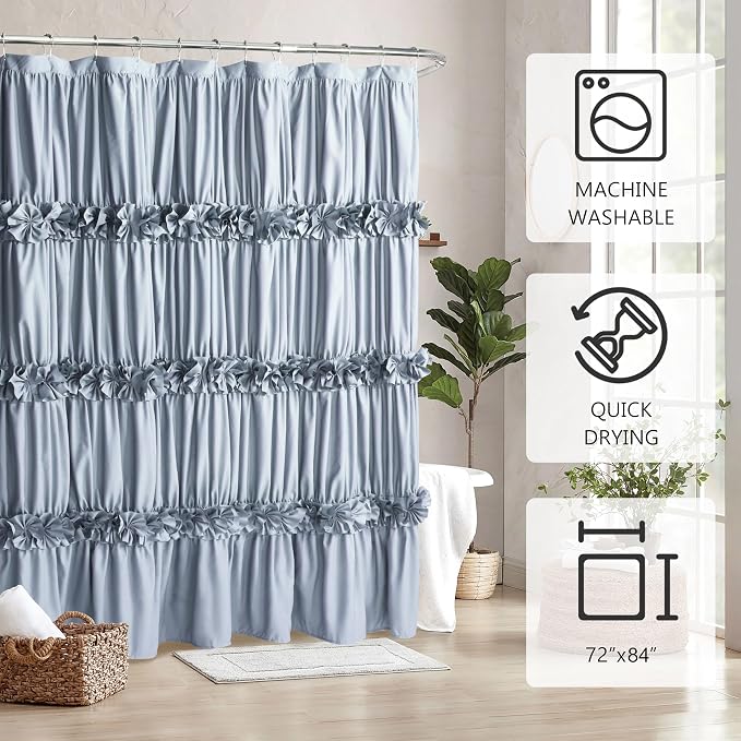 Fog Blue Ruffle Shower Curtain 72“ W x 84” H | Vintage Handcrafted Bow Tie Bath Curtain for Master Bathroom, Ruched Microfiber Bathroom Curtain with 12 Buttonholes (LQ-10)