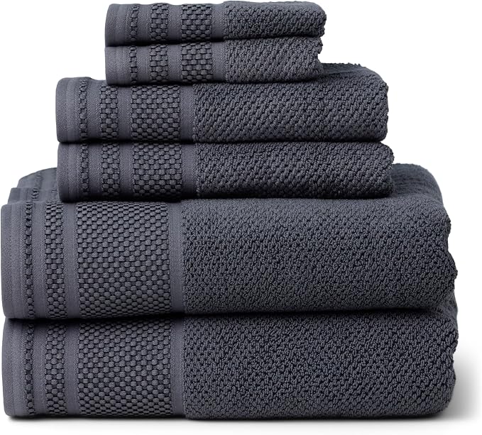 Texere 100% Organic Cotton Rice Weave Jacquard 700 GSM Luxury Bath Towel Sets - Ultra Soft and Absorbent Hotel Quality, 2 Large Bath Towels, 2 Hand Towels, 2 Washcloths (Rice Weave, Charcoal, 6 Piece)