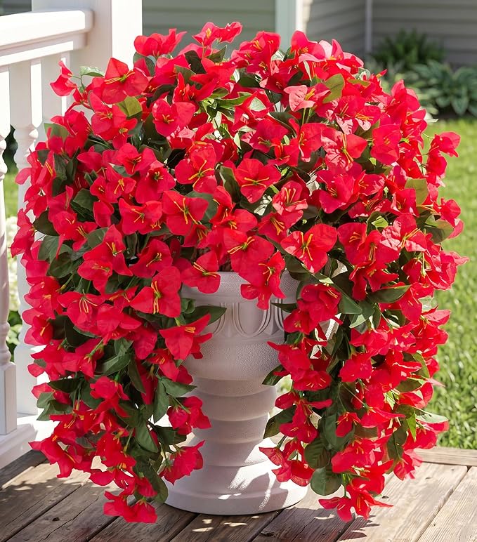 Faux Bougainvillea Artificial Flowers Plants for Outdoor Outside Decoration, 2 PCS Red Fake Flowers UV Resistant Look Real Silk Long Trailing Vines for Front Door Porch Planter Urn Patio Garden Yard