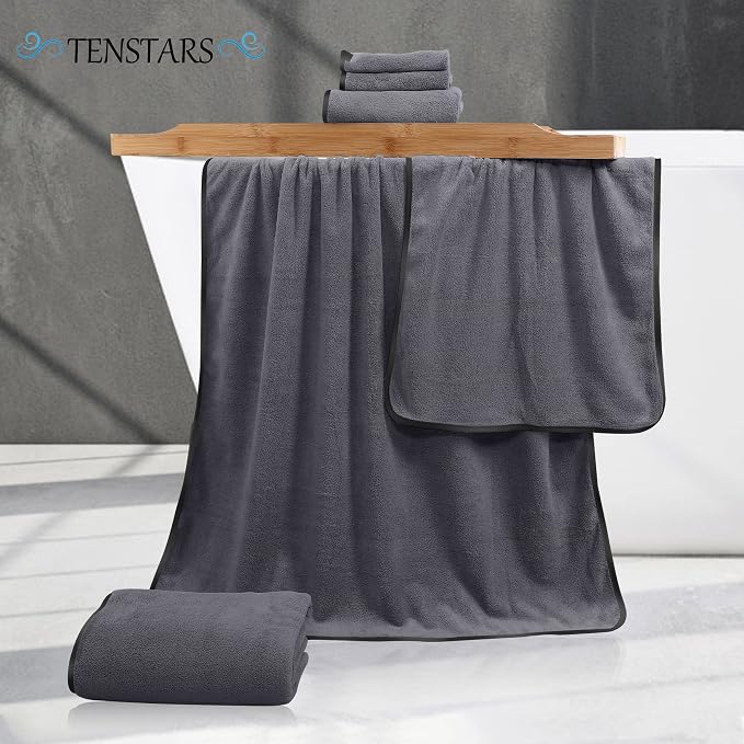 TENSTARS Luxury Silk Hemming Towel Set - Light Thin Quick Drying - 2 Bath Towels 2 Hand Towels 2 Washcloths - Ultra Soft Microfiber, for Bath Fitness, Sports, Yoga, Travel (Dark Grey 6 Pieces)