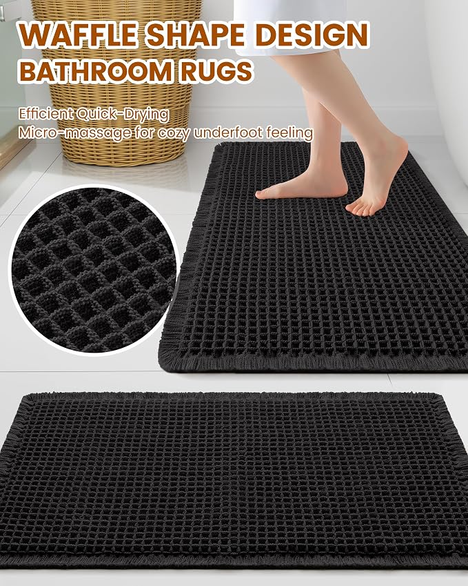 Smiry Waffle Bath Mat 30X18, Extra Soft Absorbent Bathroom Rugs, Black | Non Slip Machine Washable Quick Dry Bath Rugs for Bathroom Floor, Tub, Shower, Home Decor Accessories