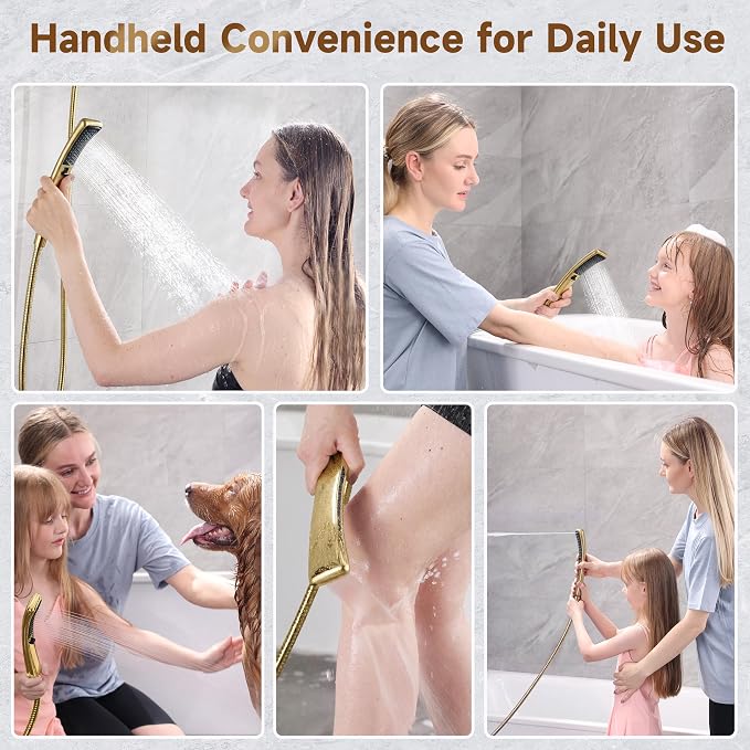 BRIGHT SHOWERS Dual Shower Head with Handheld, High Pressure Rainfall Shower Head Combo, 60-Inch Stainless Steel Hose, Brushed Gold