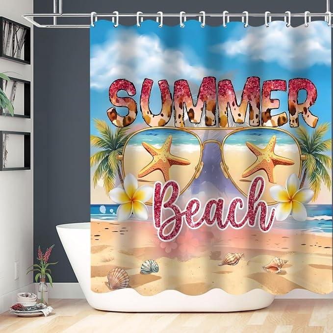 LQCOOL Beach Scene Shower Curtain Set 4Pcs Summery Bathroom Sets with Rugs Waterproof Shower Curtain with 12 Hooks for Bathroom Decor | Waterproof Polyester & Soft Flannel.12 Hooks,Toilet Lid Cover & U-Shaped Mat with Beach Scene for Bathroom