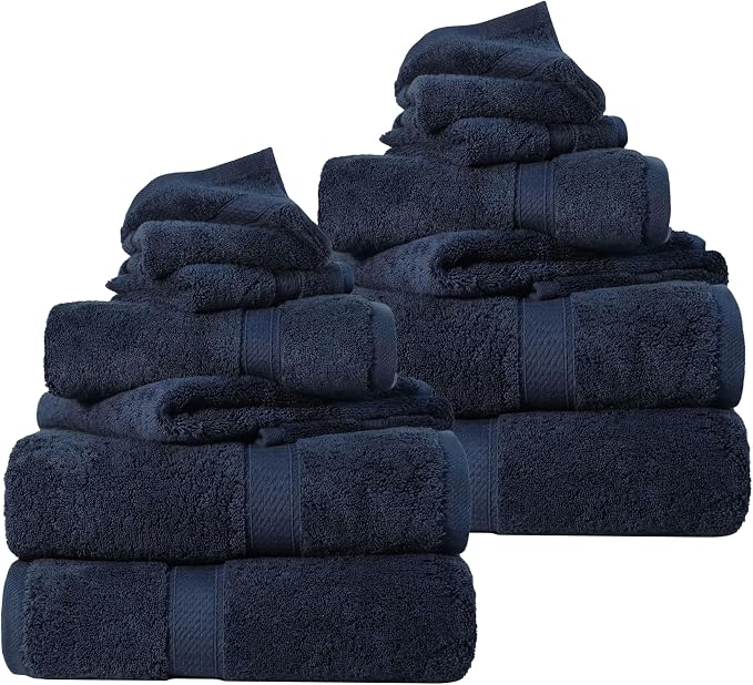 SUPERIOR Egyptian Cotton Ultra Plush & Absorbent, 12 Piece Set, Navy Blue | Heavyweight 12 Pc Egyptian Cotton Towel Set Includes 4 Bath Towels 4 Hand Towels 4 Washcloths Decorative Rope Border