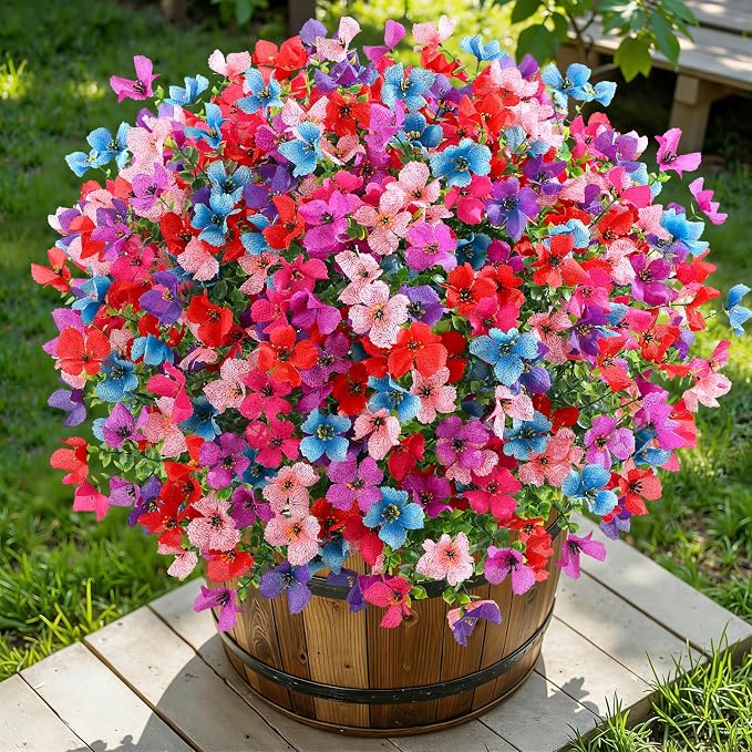 SHareconn 20 Bundles Artificial Flowers UV Resistant Outdoor Decor | Realistic Silk Flowers, Spring Fake Plants Greenery, For Patio Porch Planter Yard Home Spring Decor, 6 Colors
