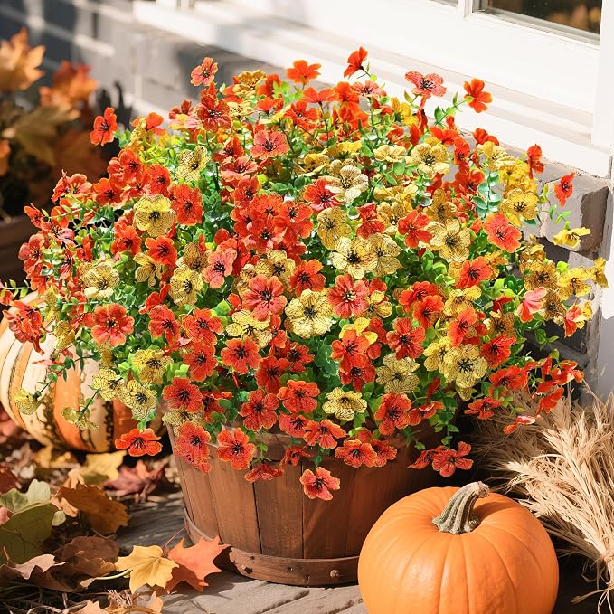 florisso Artificial Fall Flowers Fake Mums for Outdoor Autumn Decoration | 12 Bundles Faux Silk Orange Yellow Mums Daisy Look Real UV Resistant for Outside Home Porch Patio Planter