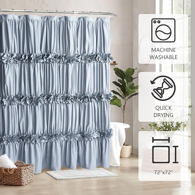 Fog Blue Ruffle Shower Curtain, Vintage Handcrafted Bow Tie Bath Curtain for Master Bathroom, Ruched Microfiber Bathroom Curtain with 12 Buttonholes, 72" W x 72" H (LQ-10)