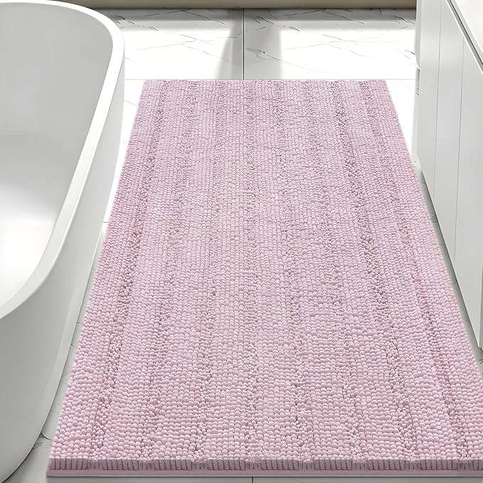 Bcoimo Bath Rug Mat,48x30 Chenille Non Slip Pink Long Bathroom Runner Rugs | Extra Soft Bathroom Floor Mats;Non Slip with Rubber Back Bath Mats;High Absorbent, Quick Dry Microfiber mat; Machine Washable