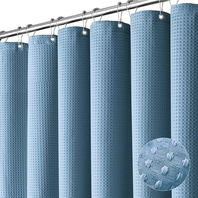Stall Waffle Shower Curtain 256 GSM Heavy 60"x84" Moonlight Blue | 60 x 84 Inch Long, Thick Polyester Cloth, Weighted Hem, Water Repellent, Washable, Hotel Bathroom Shower Curtain Set 10 Hook