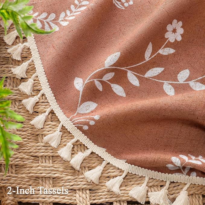Boho Terracotta Vintage Shower Curtain with Tassels | 60 x 72 Inch,Bohemian Floral Linen Fabric Pattern Curtain Curtain For Bathroom