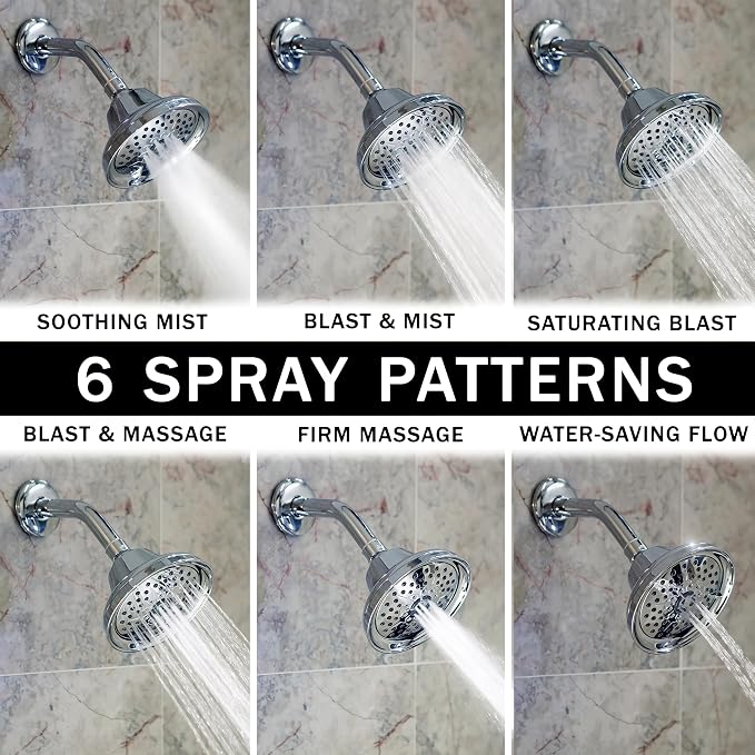 Massage Shower Head With Mist - 2.5 GPM - Polished Chrome | High Pressure Boosting, 6 Function Adjustable Massaging Rainfall Showerhead For Low Flow Baths With Water Saving Nozzles