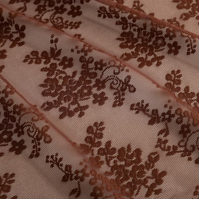 TUDECO Lace Brown Shower Curtain with Attached Valance, 72 x 72 Inch | Chocolate Brown, Cottagecore, Floral Pattern, Autumn Cozy Bathroom Decor, Scalloped Edges, Soft Light, Semi- Privacy