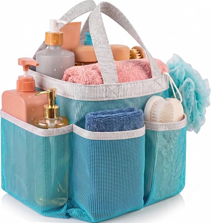 Handy Laundry Mesh Shower Caddy - 7 Pocket Portable Bathroom Organizer Tote for Travel, Gym & Dorm - Collapsible Small Shower Caddy Bag to Hold Toiletries & Essentials (Blue)