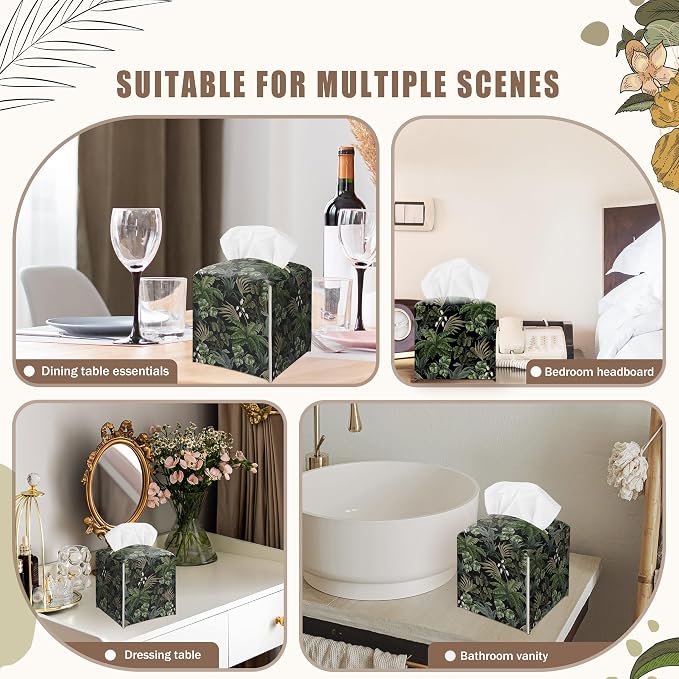 Tropical Leaves Decorative Square Leather Tissue Box Cover - Green Tissue Holder Gifts for Women Family and Friends on Birthday Housewarming - Home Decor Decorative for Bathroom Kitchen Office - A19