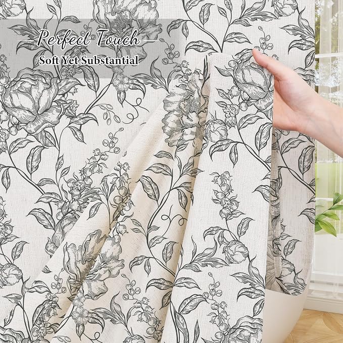 Black Boho Linen Shower Curtain, Farmhouse Floral for Bathroom | Botanical floral print. Rustic farmhouse boho decor. Durable linen blend fabric. Machine washable for easy care. 72x72