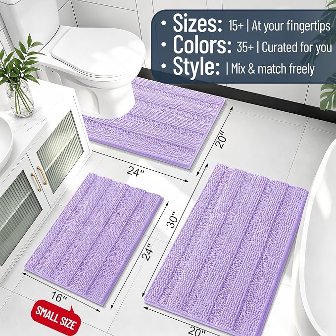 Smiry Thick Chenille Bathroom Runner Rugs 59x24, Soft Bath Mat, Lavender | Quick‑Dry & Machine Washable, Non‑Slip Bath Carpet, Striped Bath Rugs for Tub & Shower, Modern Home Decor Accessories
